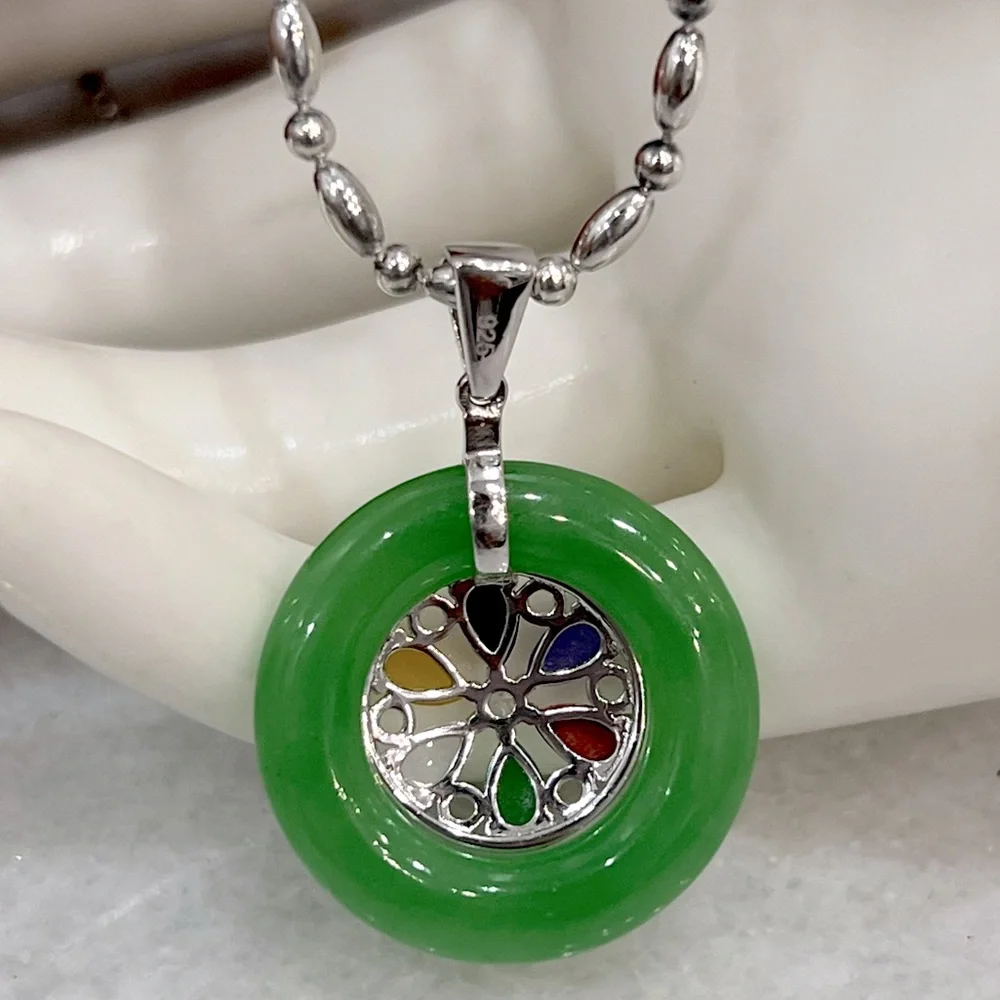 Burmese Multi Jade Zircon Sterling Silver Wheel Pendant  Necklace
